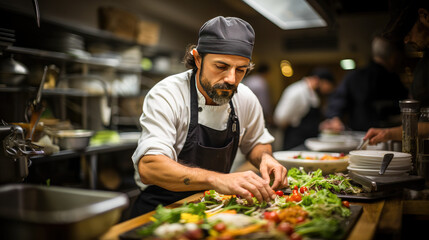 A chef in action, bringing gastronomic delights to life in a professional kitchen