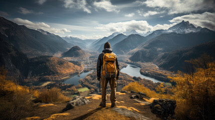 Fototapeta na wymiar An adventurous hiker standing on a mountain peak, surrounded by stunning wilderness