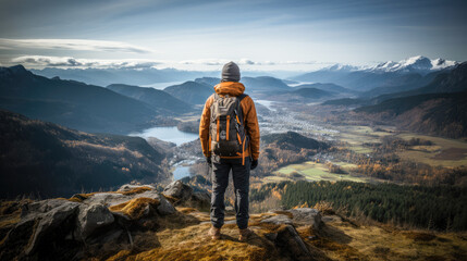 Fototapeta premium A hiker conquering a mountain peak, taking in the breathtaking vista