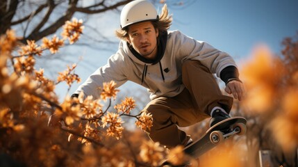 skateboarder performing in autumn day