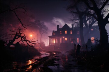 spooky haunted house with eerie fog swirl