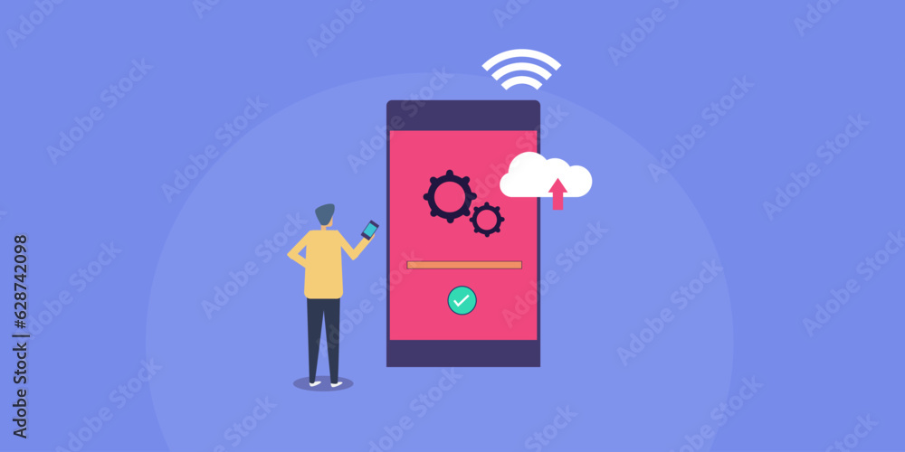 Aufkleber man holding mobile in hand standing in front of a large smartphone set. software system update, new 