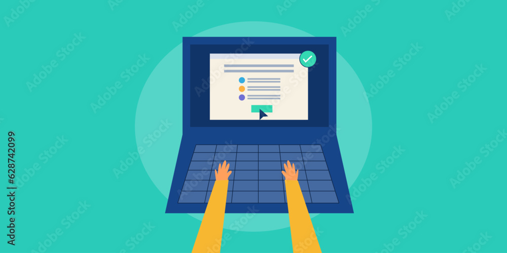 Poster customer submitting survey form on laptop pc, hands on computer keyboard, online user feedback, revi