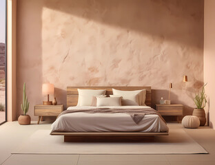 Earthy Elegance: A Serene Bedroom with Beige Walls, Rustic Texture, and Terracotta Accents in a Photo-Realistic Mock-Up Design