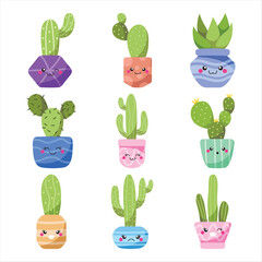 Set of kawaii cactus vector