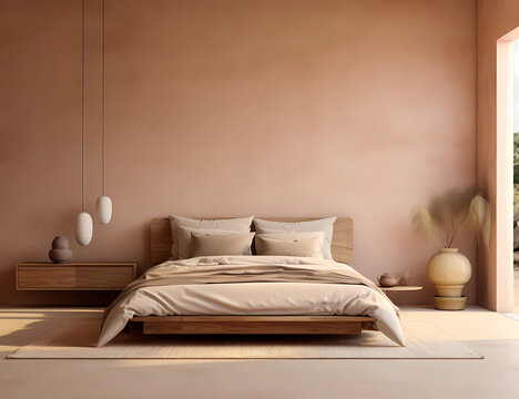 Rustic Serenity: Photo-Realistic Bedroom Mockup with Beige Walls and Bed, Terracotta Accents, Textured Backgrounds, and Light Yellow Matte Finish