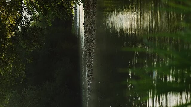 Panorama fast mountain river in the morning dense fog camera at water level. Vertical video