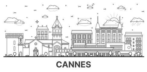 Outline Cannes France City Skyline with Modern and Historic Buildings Isolated on White. Cannes Cityscape with Landmarks.