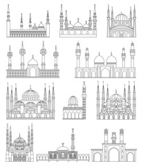 Set of islamic mosques. Outline buildings. Religious symbols.