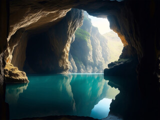 Natural landscape cave in beautiful light and tranquil haven Created with Generative AI technology.