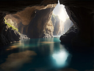 Natural landscape cave in beautiful light and tranquil haven Created with Generative AI technology.