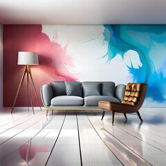 Colorful paint stains on the wall with simple table chairs furniture, great for business, company, website, advertisement, decoration inspiration, residential etc. Ai generative concept