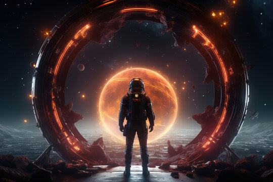 Science fiction, space exploration, astronomy illustration. Back view of an astronaut and a glowing intergalactic portal in space