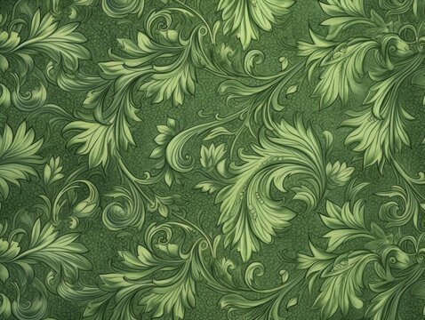 floral pattern with green leaves and curls on a green background
