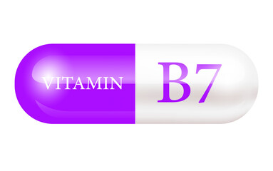 Capsule vitamin B7 (Thiamine) 3D Vector Illustration. Cut out PNG. Structure purple, white. Vitamin complex with chemical formula. Drug business concept. Personal care, beauty. transparent pill.