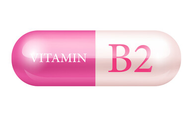 Capsule vitamin B2 structure Pink, white. transparent capsule pill. Drug business concept. Illustration 3D Vitamin complex with chemical formula. Personal care, beauty. Isolated on cut out PNG.	