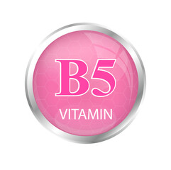 Vitamin B5 icon structure pink substance isolated on cutout PNG. Personal care, beauty concept. Medicine health symbol of thiamine. Drug business. Vector Illustration 3D complex with chemical formula	