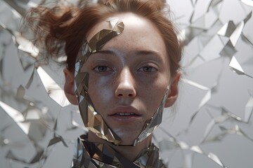 3D Render Hyper Realistic Futuristic Fragmented Female Portrait