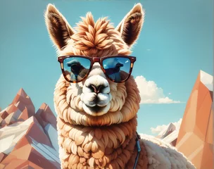 Foto auf Alu-Dibond A frontal face of a alpaca wearing sunglasses logo, icon, low poly, illustration, closeup © seunghoo