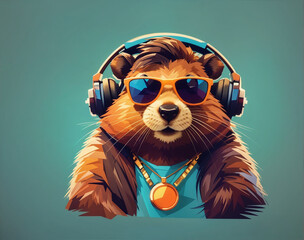 A frontal face of a beaver wearing sunglasses logo, icon, low poly, illustration, closeup, portrait, colorful hair, permed long hair, wearing many earrings, solemn look, wearing necklace, like DJ