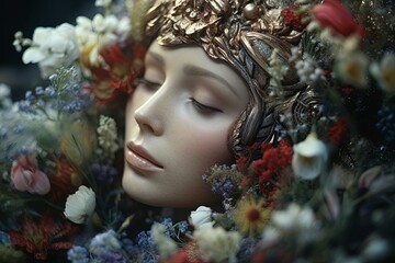 3D Render Hyper Realistic Portrait of an Enchanting Female in Beautiful Floral Surroundings