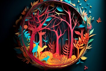 Green paper cut earth planet with nature environment inside. Modern 3d papercut illustration concept of world nature, many colorful leave plants. Eco friendly solution, natural care. Generative AI