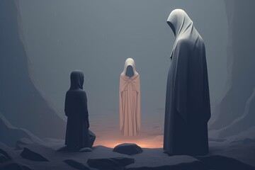 3D Render Minimalist Dark and Secretive Ambient Scene of Robed Figures