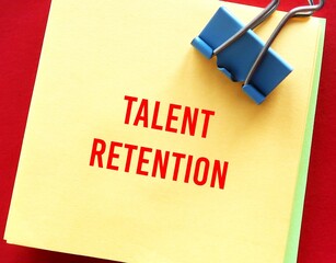 Office note on red background with text typed TALENT RETENTION - set of practices and policies of...