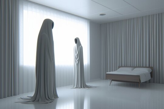 3D Render Minimalist Dark and Secretive Ambient Scene of Robed Figures