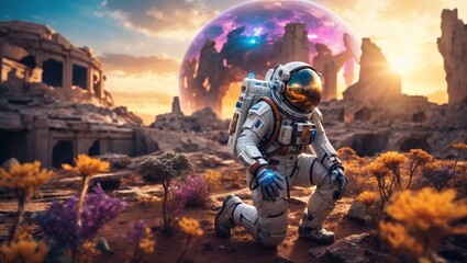 An astronaut exploring an otherworldly planet's surface with a mystical atmosphere and ancient ruins in the background. Ai generated.
