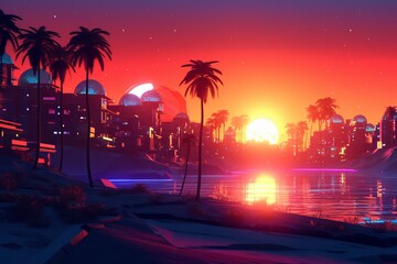 3D Render of a Futuristic Neon Summer City