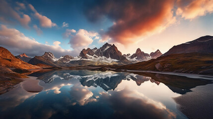 A beautiful lake among the mountains against the backdrop of sunset or dawn.