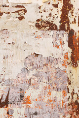 Paint peeling and decaying against a rusty metal