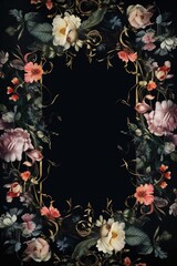Vintage floral frame with flowers and leaves on a black background.Generative Ai