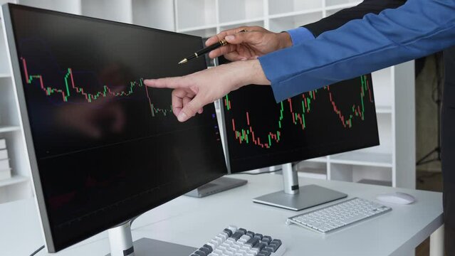 Business team investors entrepreneurs discussing stock trading charts growth research report stock market value using a computer to look at the screen financial risk investment strategy analysis chart