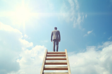 Businessman on ladder celebrating success on beautiful landscape and sky background. Leadership and success concept, generative ai. - obrazy, fototapety, plakaty
