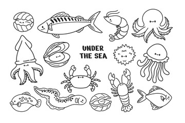 Set of marine life outline art illustration for coloring. Under the sea concept. Doodle cartoon style vector isolated on white background.