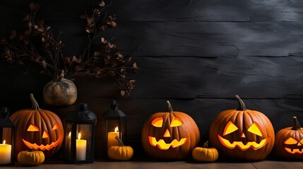 Halloween holiday background with pumpkins, jack o lanterns, candles and other decorations with space for copy text.