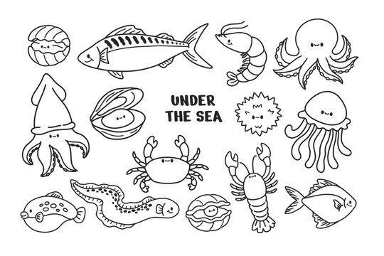 Set of marine life outline art illustration for coloring. Under the sea concept. Doodle cartoon style vector isolated on white background.