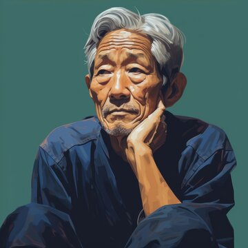 Asian old man in thinking and doubts oil painted illustration. Male character with dreamy face on abstract background. Ai generated acrylic canvas bright poster.