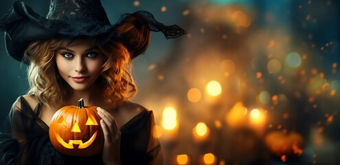 Beautiful girl holding pumpkin celebrating Happy Halloween, copy space text, generative AI