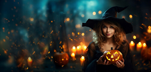 Beautiful girl holding pumpkin celebrating Happy Halloween, copy space text, generative AI