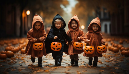 Kids trick or treat in Halloween costume holding pumpkin basket at street, generative AI