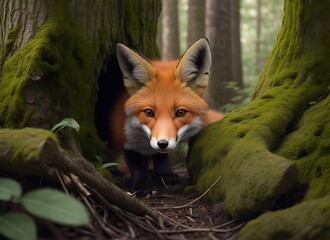 Fototapeta premium a little fox hiding in the woods Generative AI