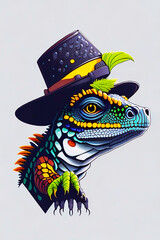 A detailed illustration of an iguana reptile wearing a trendy hat with dark gothic, leaf, and flower for a t-shirt design 