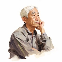 Asian old man in thinking and doubts oil painted illustration. Male character with dreamy face on abstract background. Ai generated acrylic canvas bright poster.