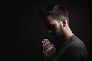 Young man praying in the dark room with his hands folded in prayer created with Generative AI technology 