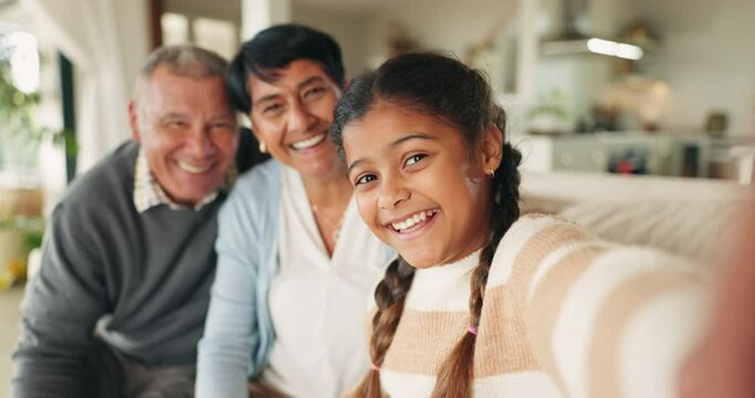 Girl, teenager and happy selfie with parents in home, living room and bonding on social media with love or quality time on sofa. Family, child and senior couple smile for profile picture or memory