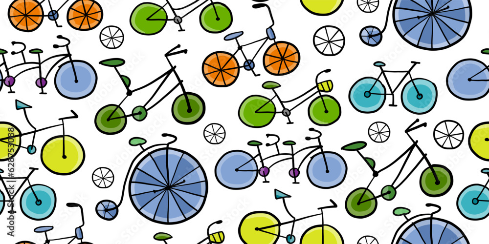 Aufkleber bicycle time. types of bicycles, tools and spare parts. seamless pattern background for your design