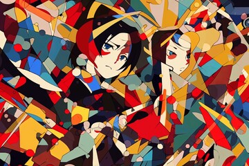 Anime Themed Retro Remixed Abstract Hybrid Background Design - obrazy, fototapety, plakaty